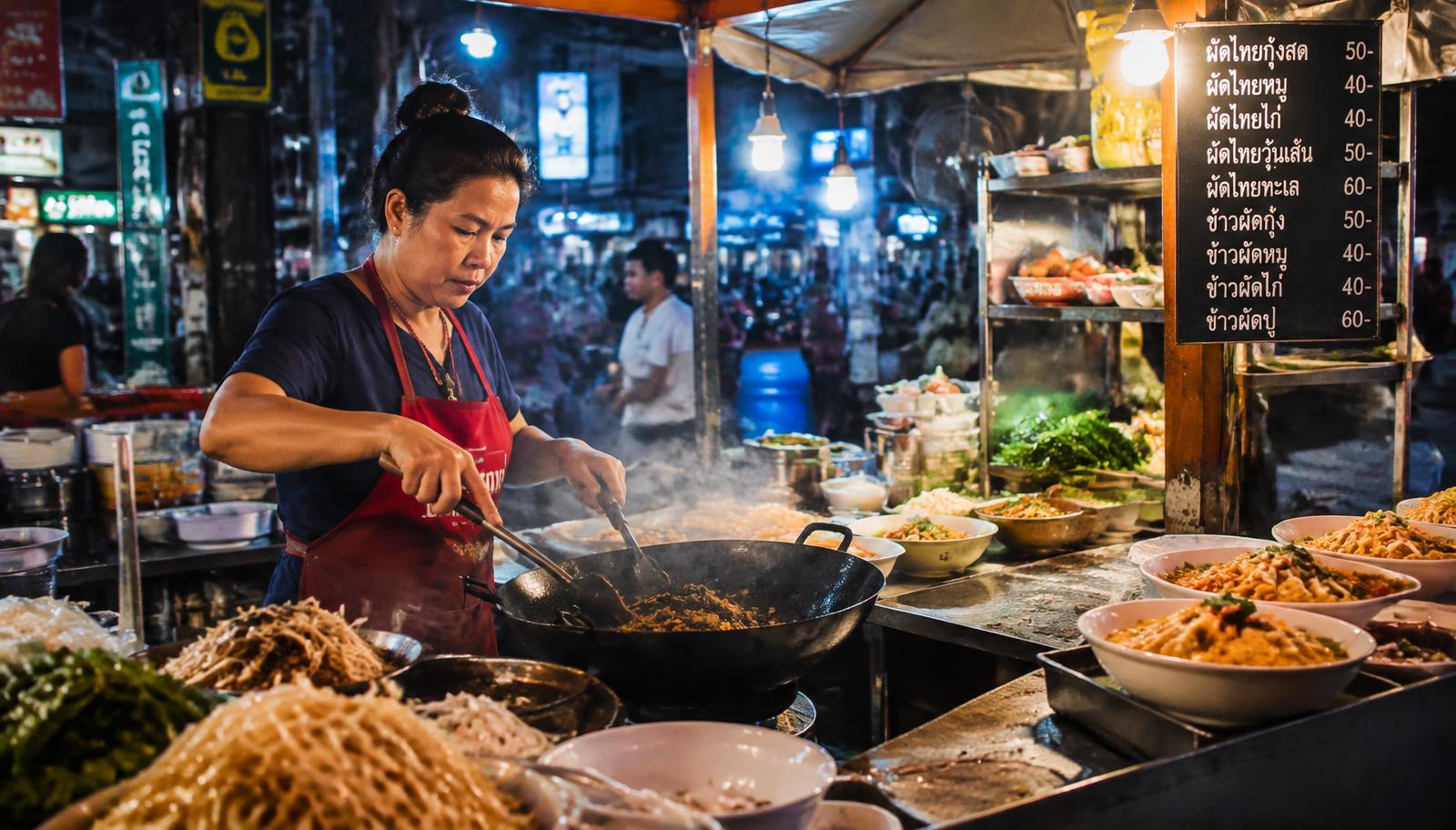 Street food vendor stir-frying noodles in a wok at a busy Bangkok night market stall with bowls of Thai dishes