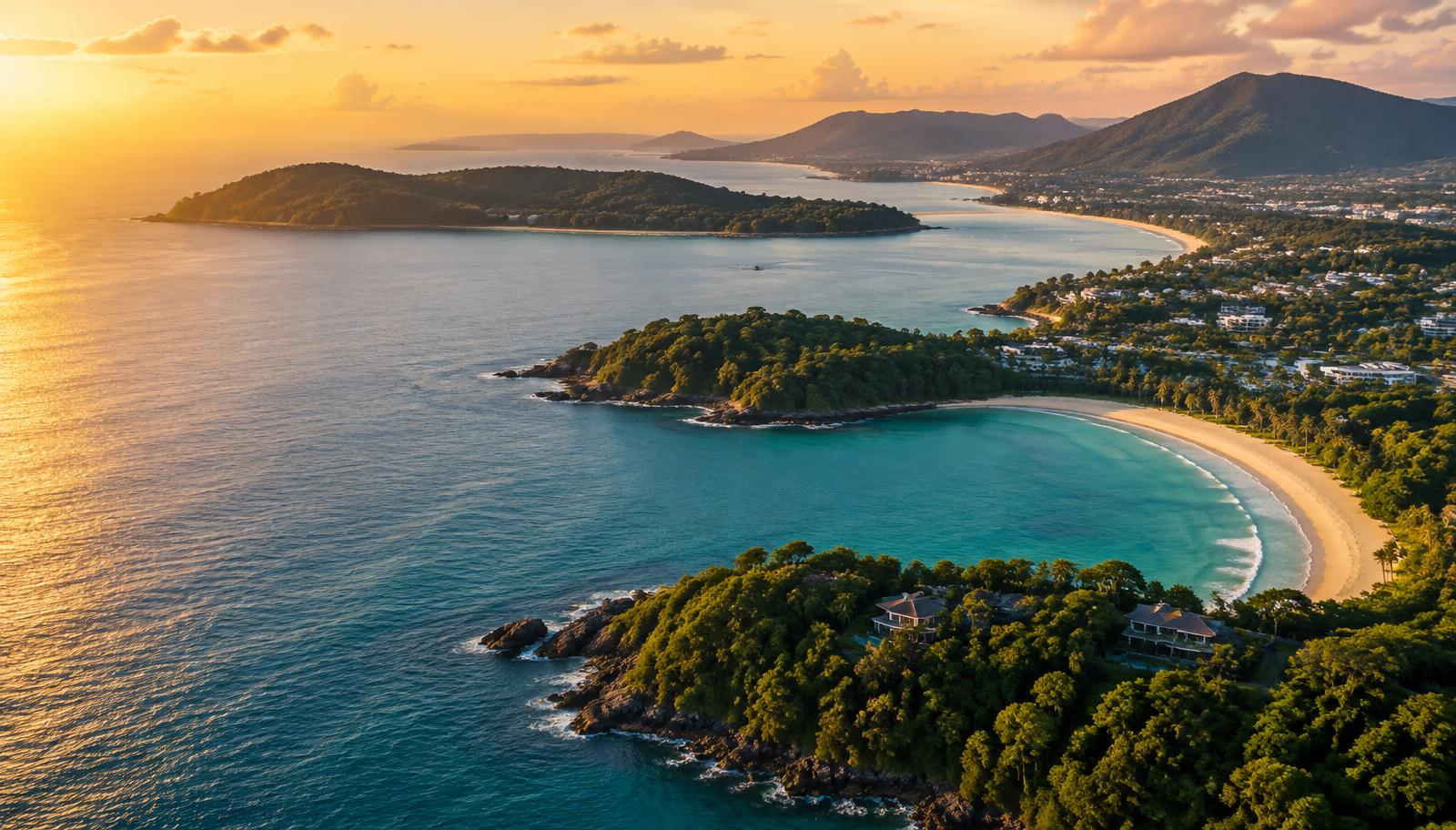 Aerial view of Phuket's west coast at golden hour, with curved sandy bays, forested headlands and the Andaman Sea