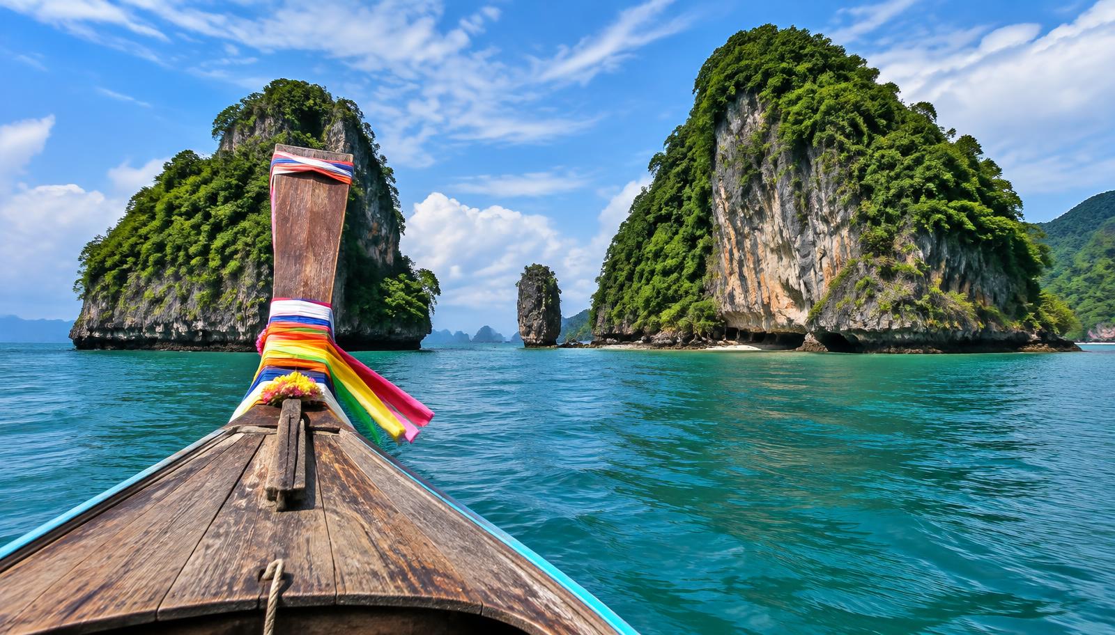 View from the bow of a longtail boat approaching small limestone islands near Krabi