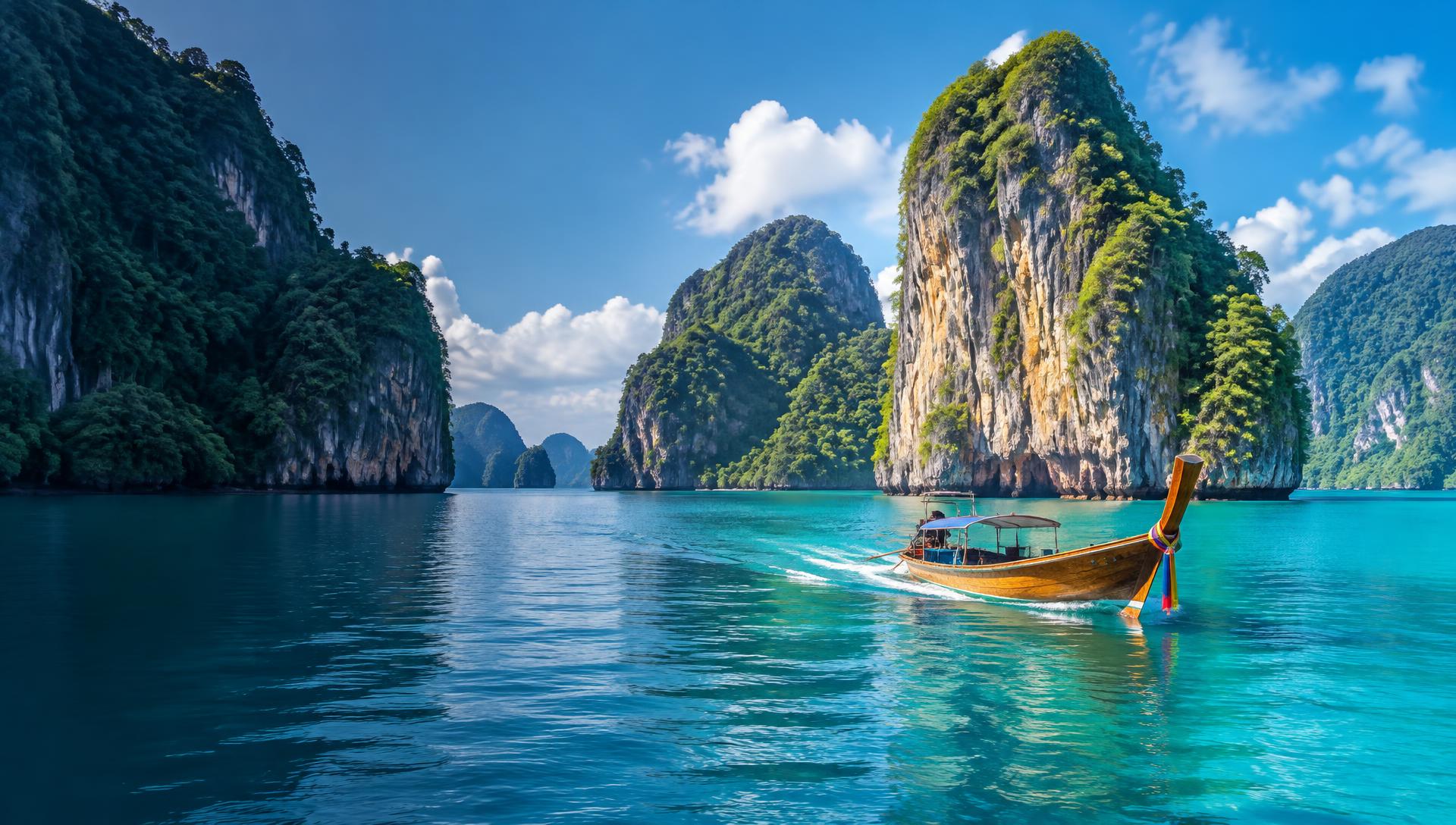 Long-tail boat crossing turquoise water between limestone islands in Thailand