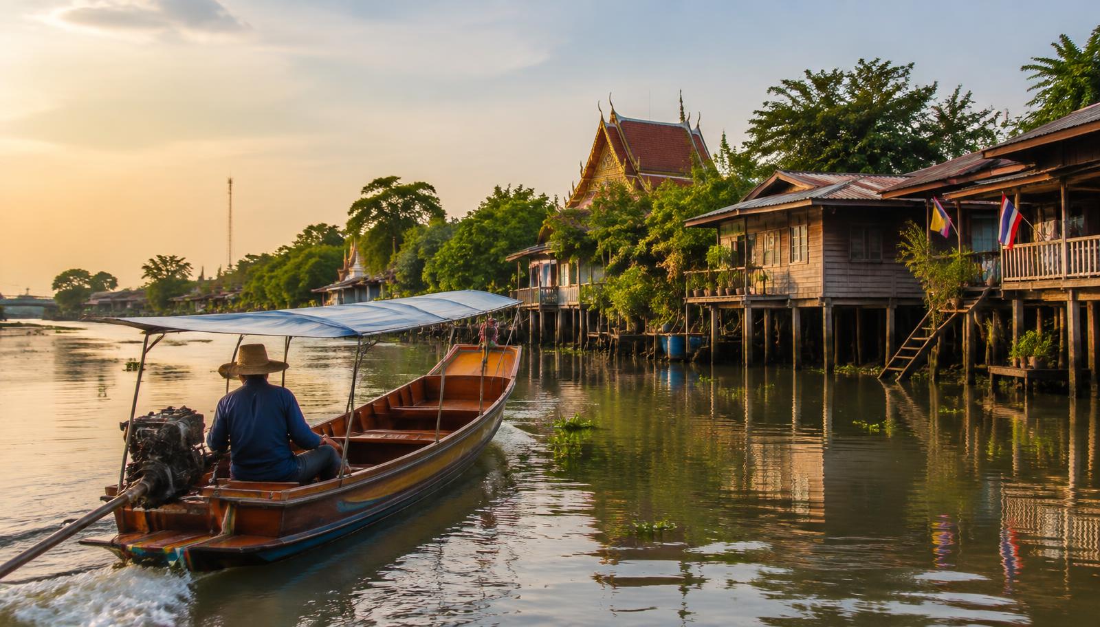 A longtail boat on the river passing stilted wooden houses and a temple roof in Ayutthaya