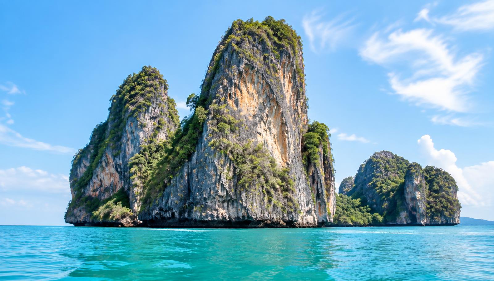 Dramatic limestone cliffs rising above turquoise Andaman Sea water in Krabi, Thailand