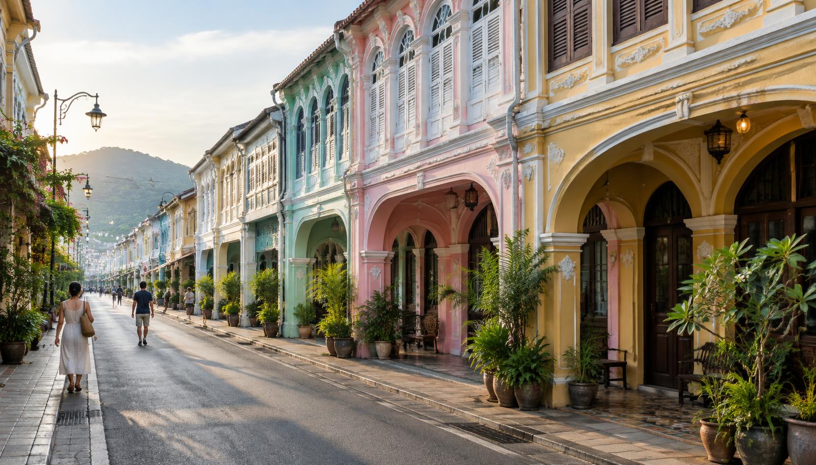 Colorful pastel Sino-Portuguese shophouses with arched walkways and potted plants on a street in Phuket Old Town