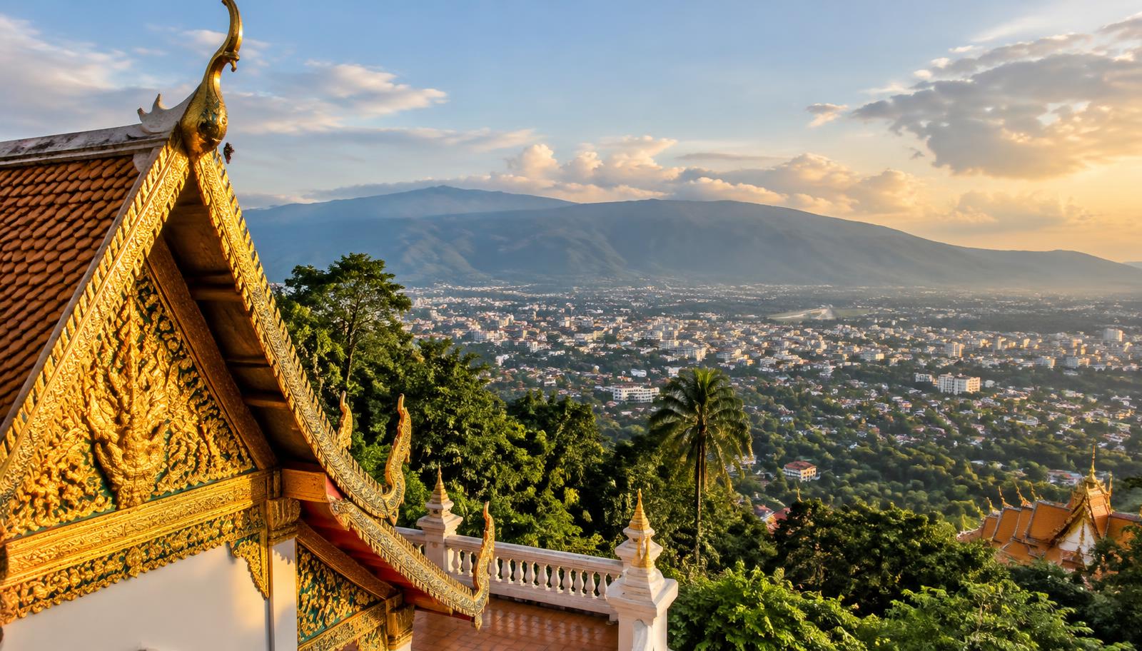 Golden Lanna-style temple roof on Doi Suthep overlooking Chiang Mai city and the green mountains of northern Thailand in warm afternoon light