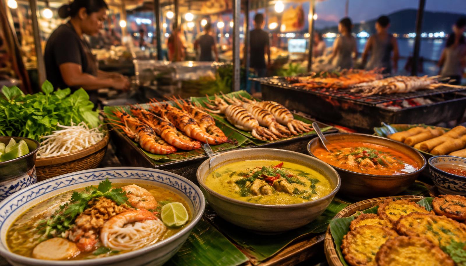Southern Thai dishes at a Phuket evening market, including a noodle soup, curries, grilled seafood and snacks