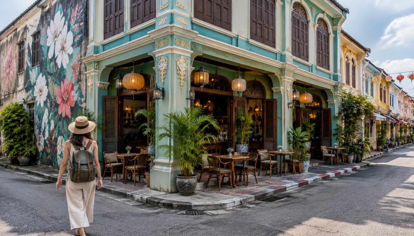 Traveler walking past an ornate teal Sino-Portuguese shophouse café with lanterns and a floral street mural in Phuket Old Town