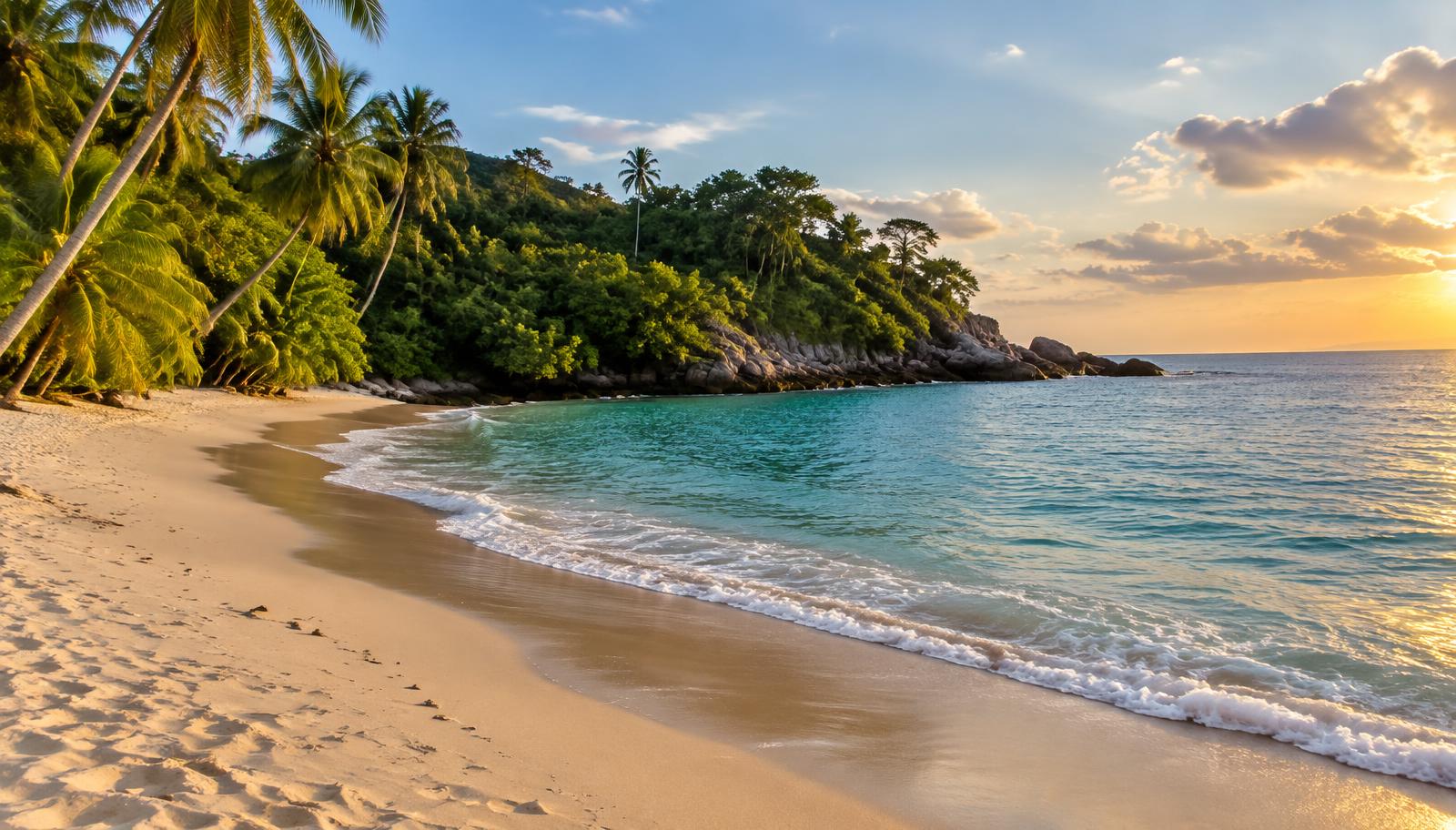 Quiet sandy beach cove in Phuket with palm trees, gentle waves and a rocky headland in warm late-afternoon light