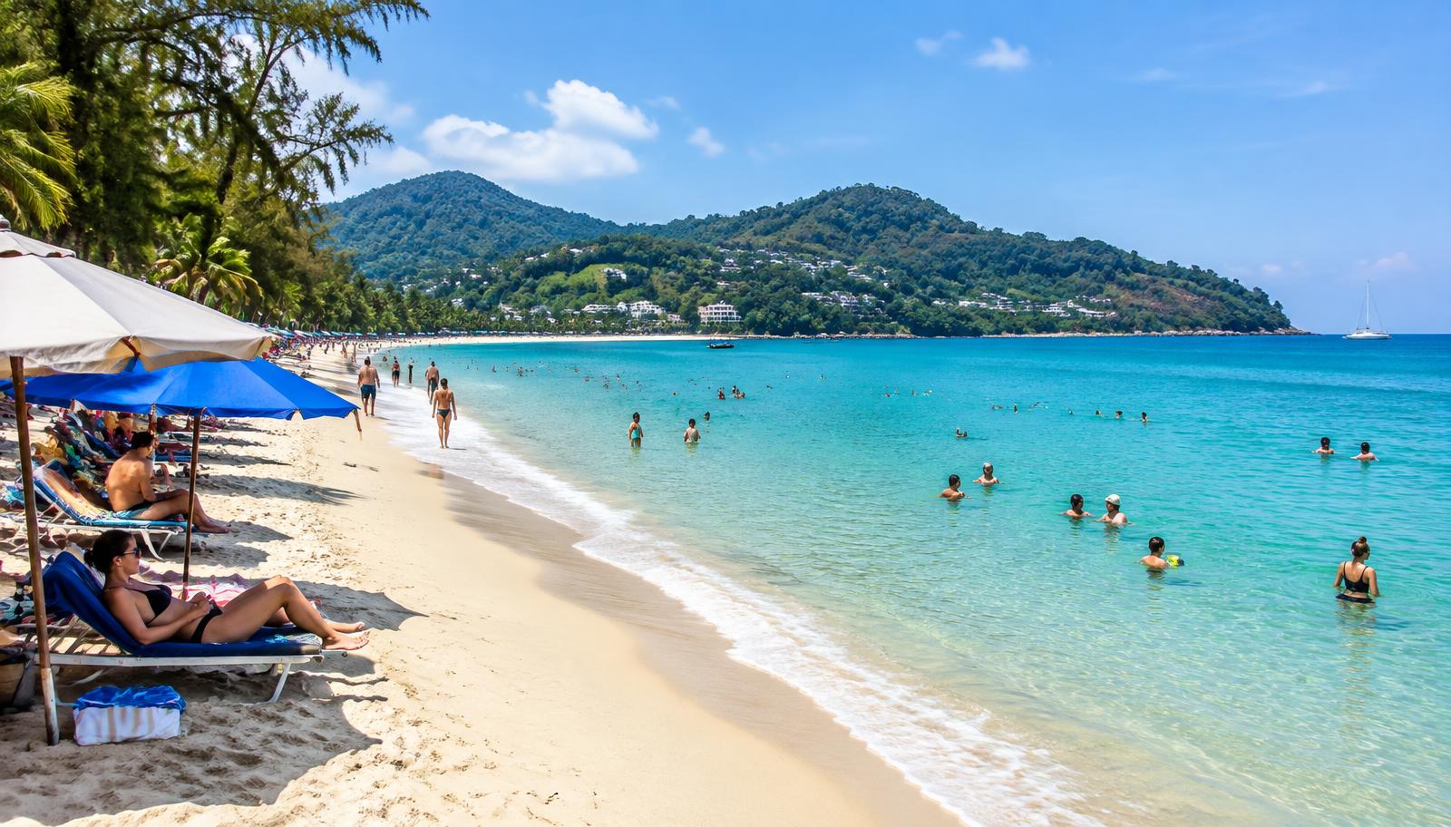 Swimmers in clear turquoise water and sunbathers on a long sandy Phuket beach backed by green hills