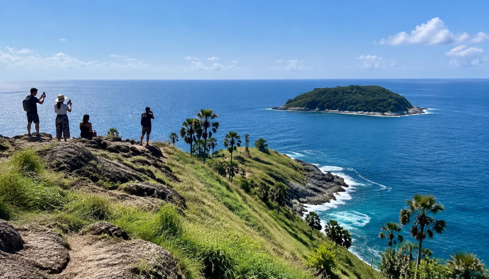 Visitors photographing the sea and a small offshore island from a grassy headland viewpoint in Phuket