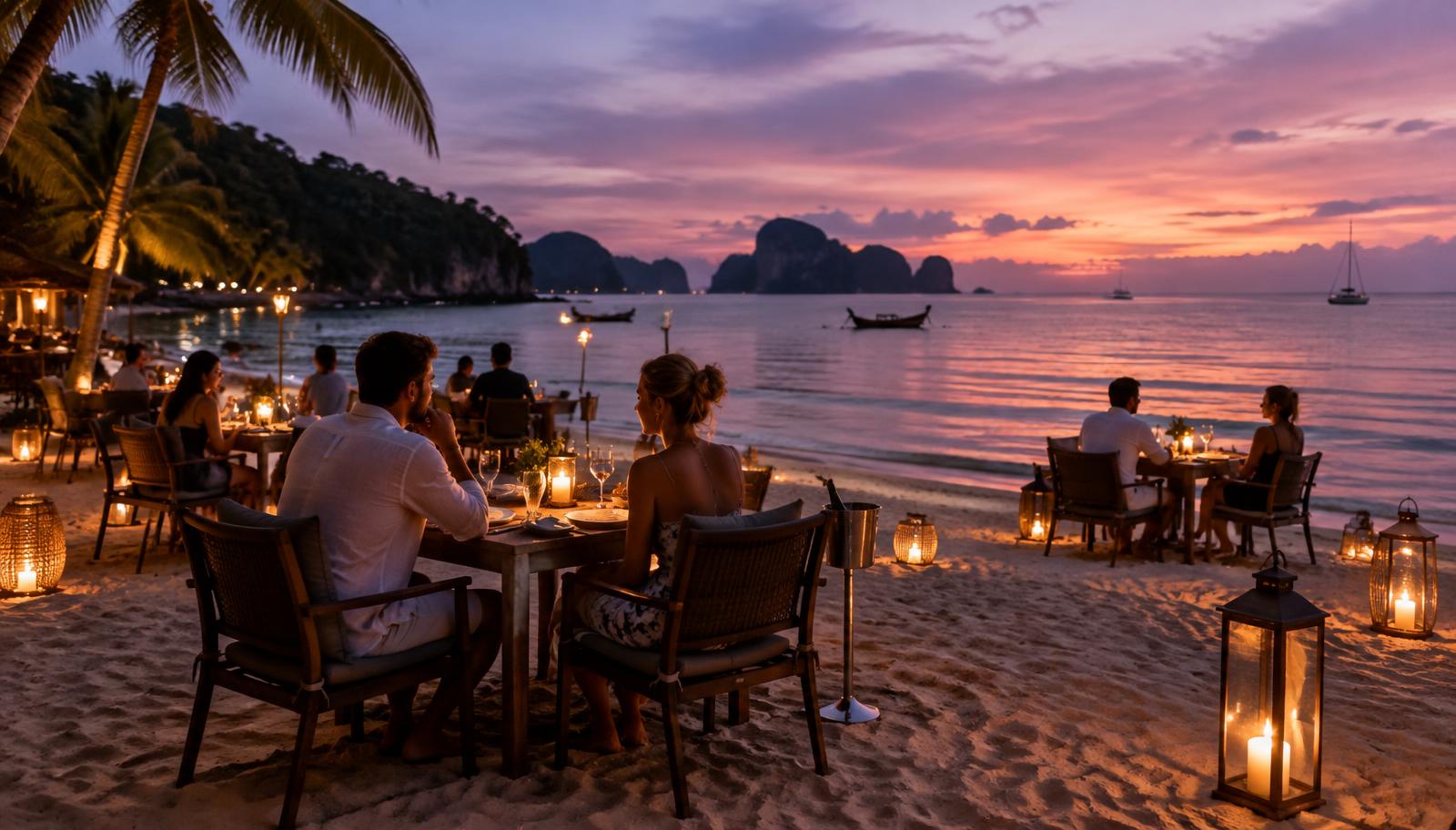 Candlelit tables on the sand at a beachside dinner in Phuket at dusk with a purple and pink sky