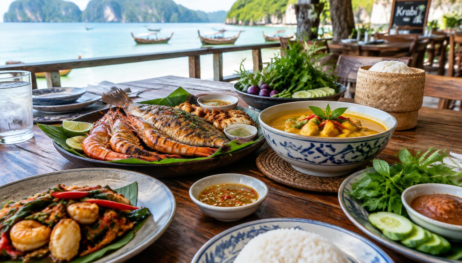Grilled seafood, southern Thai curry and fresh herbs on a seaside restaurant table in Krabi