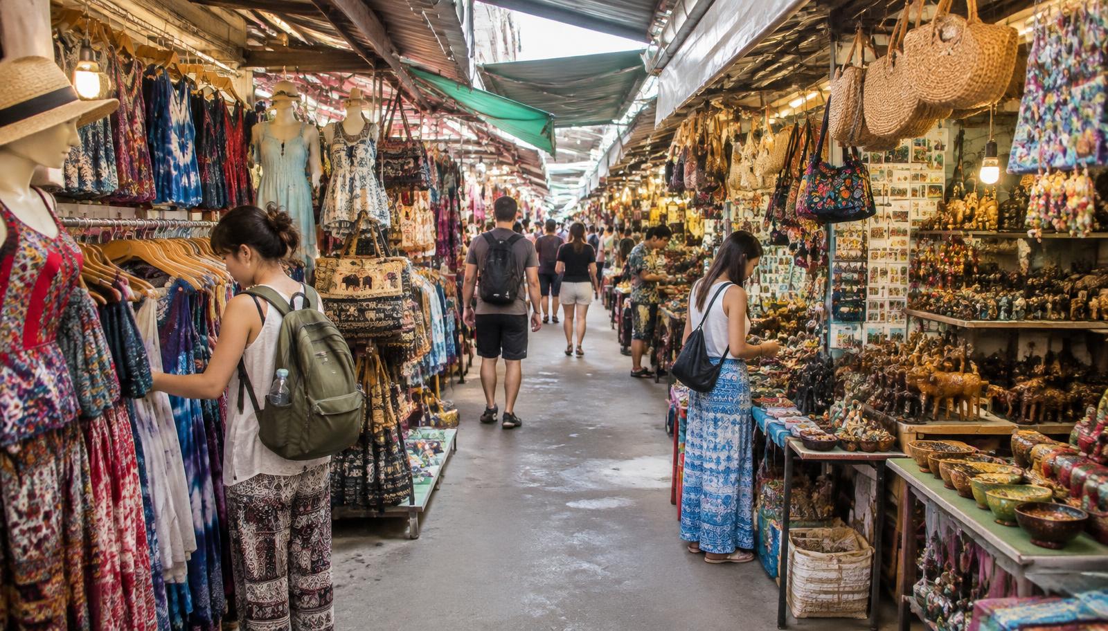 Shoppers browsing clothing, bags and souvenir stalls along a covered lane at Chatuchak Weekend Market in Bangkok