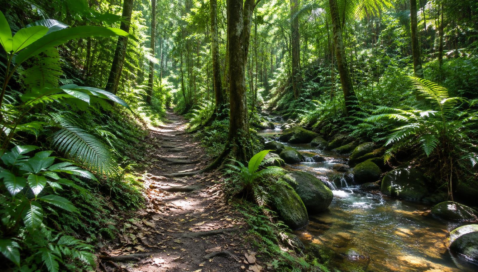 Shaded rainforest trail beside a small rocky stream surrounded by ferns and tall trees in Phuket