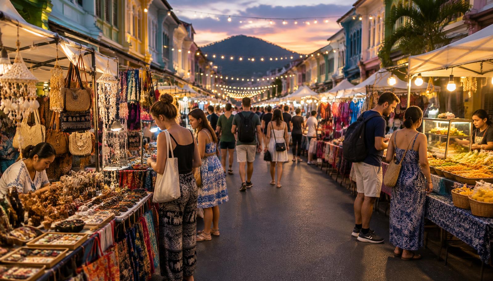 Visitors browsing souvenir, fabric and snack stalls under warm string lights at an evening market street in Phuket