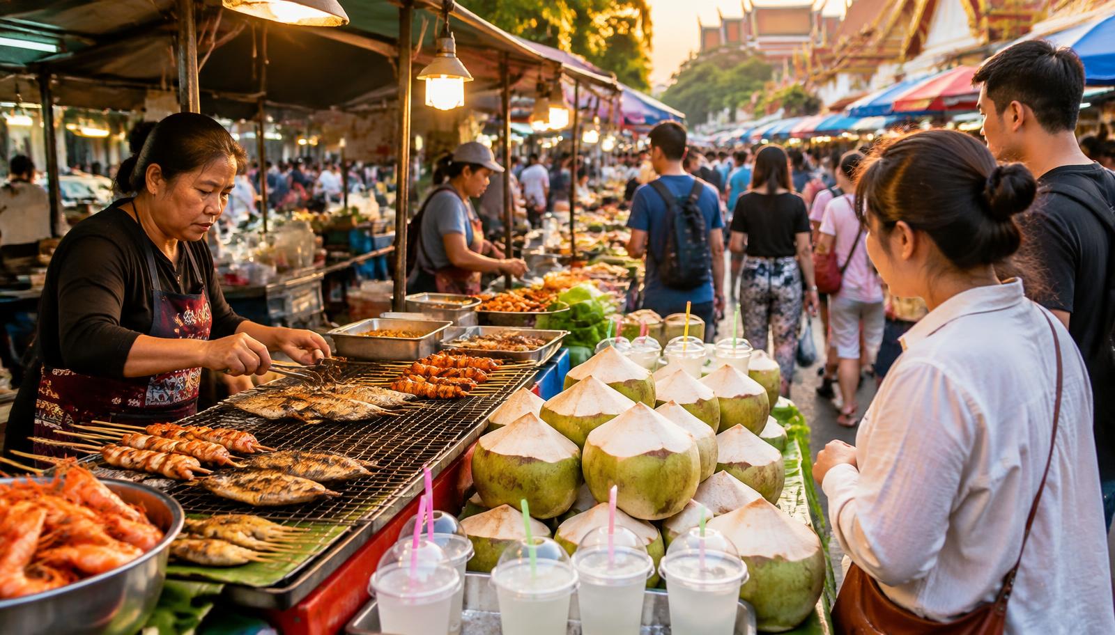 Grilled seafood skewers and fresh coconuts for sale at a busy Bangkok market food stall