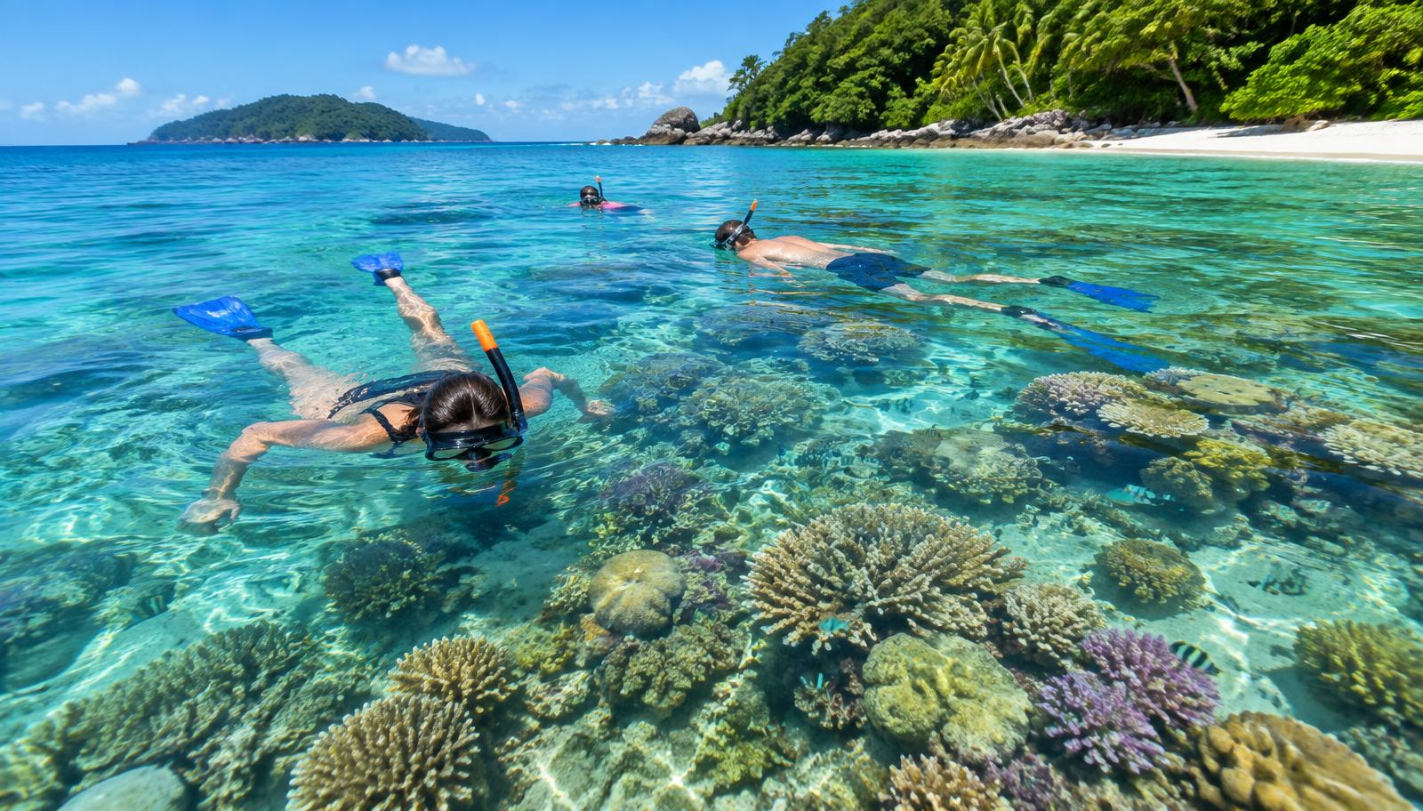 Snorkelers floating over colorful coral in clear shallow water beside a tropical island beach