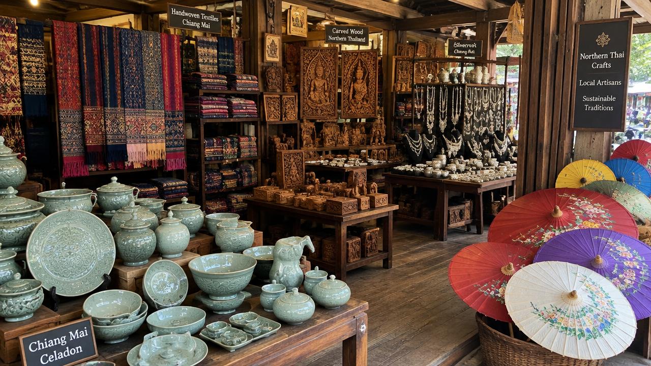 Celadon ceramics, handwoven textiles, woodcarvings and painted umbrellas in a Chiang Mai craft shop