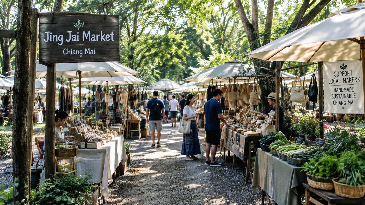 Shaded stalls of handmade goods and fresh produce at Jing Jai Market in Chiang Mai
