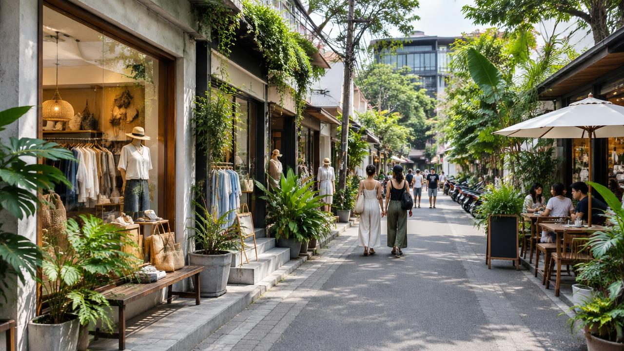 Leafy Nimman street in Chiang Mai lined with boutiques and cafés