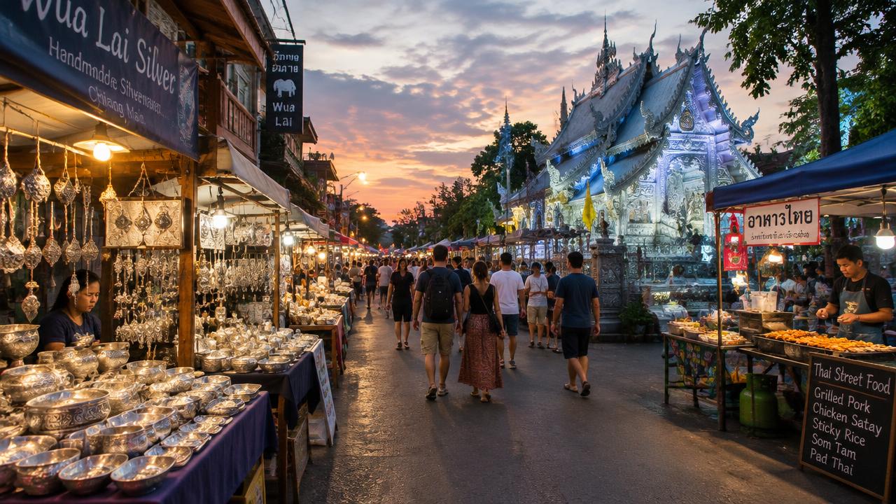 Silverware stalls on Wua Lai Road at dusk beside Chiang Mai's silver temple
