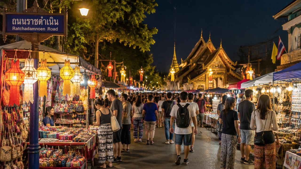 Lantern-lit craft stalls along Ratchadamnoen Road at Chiang Mai's Sunday Walking Street