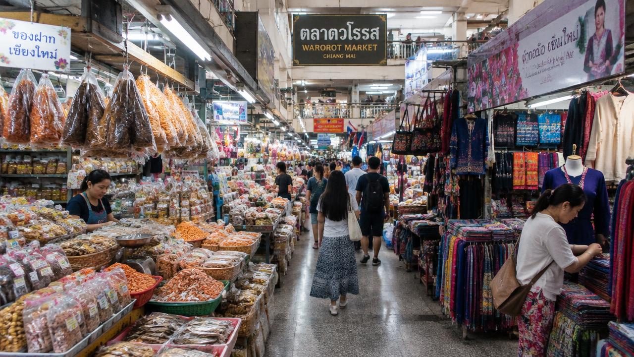 Dried foods, snacks and textiles lining the aisles of Warorot Market in Chiang Mai