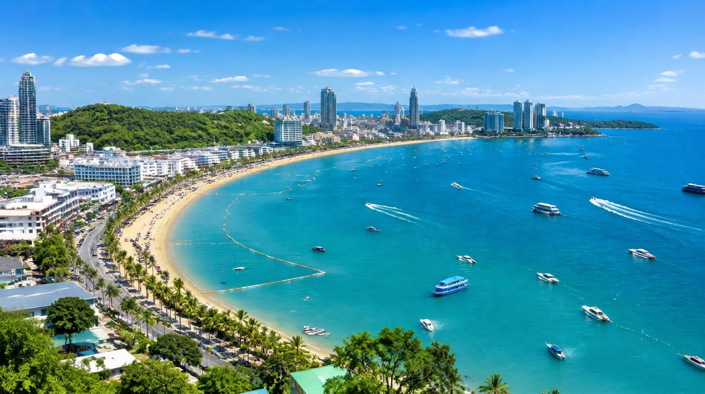 Pattaya Bay's curved sandy beach, turquoise sea and city skyline on a sunny day