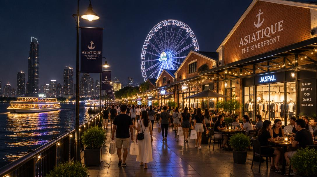 Illuminated Ferris wheel and riverside boutiques at Asiatique The Riverfront at night