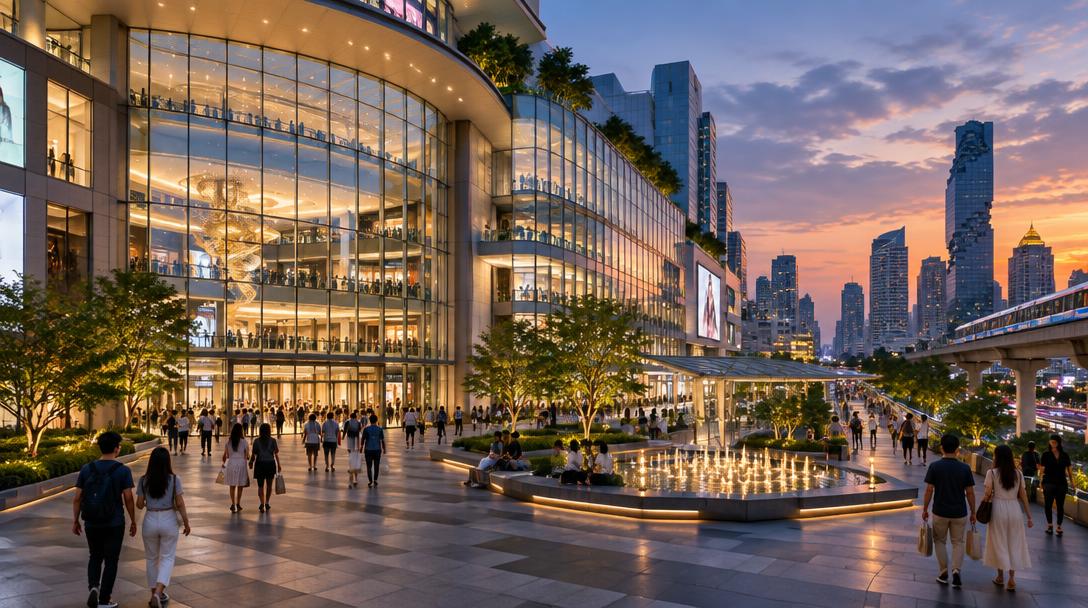 Modern glass shopping mall and plaza in central Bangkok at dusk