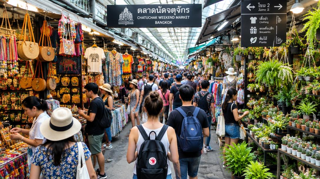 Colourful stalls and shoppers at Chatuchak Weekend Market in Bangkok