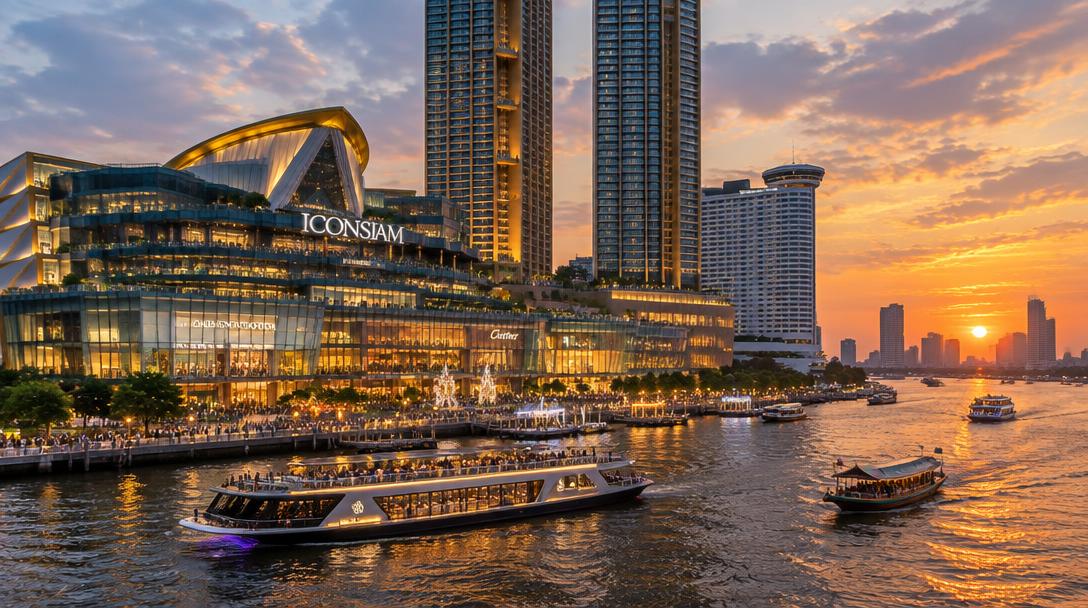 ICONSIAM riverside shopping complex on the Chao Phraya River at sunset