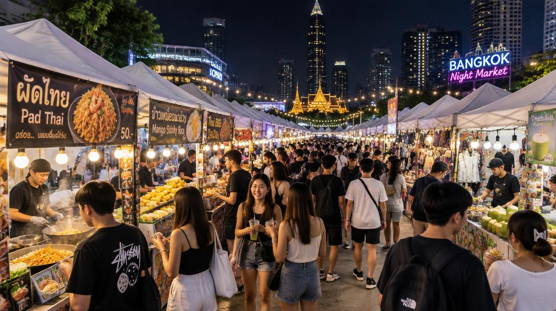 Rows of lit tents and street food stalls at a Bangkok night market