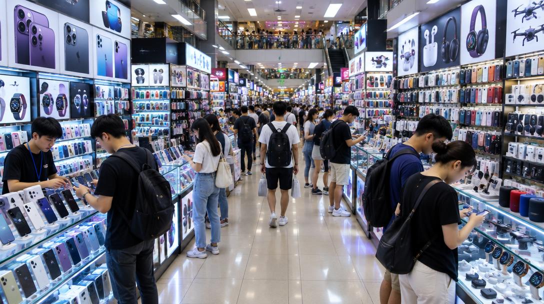 Rows of mobile phone and electronics shops inside a busy Bangkok mall