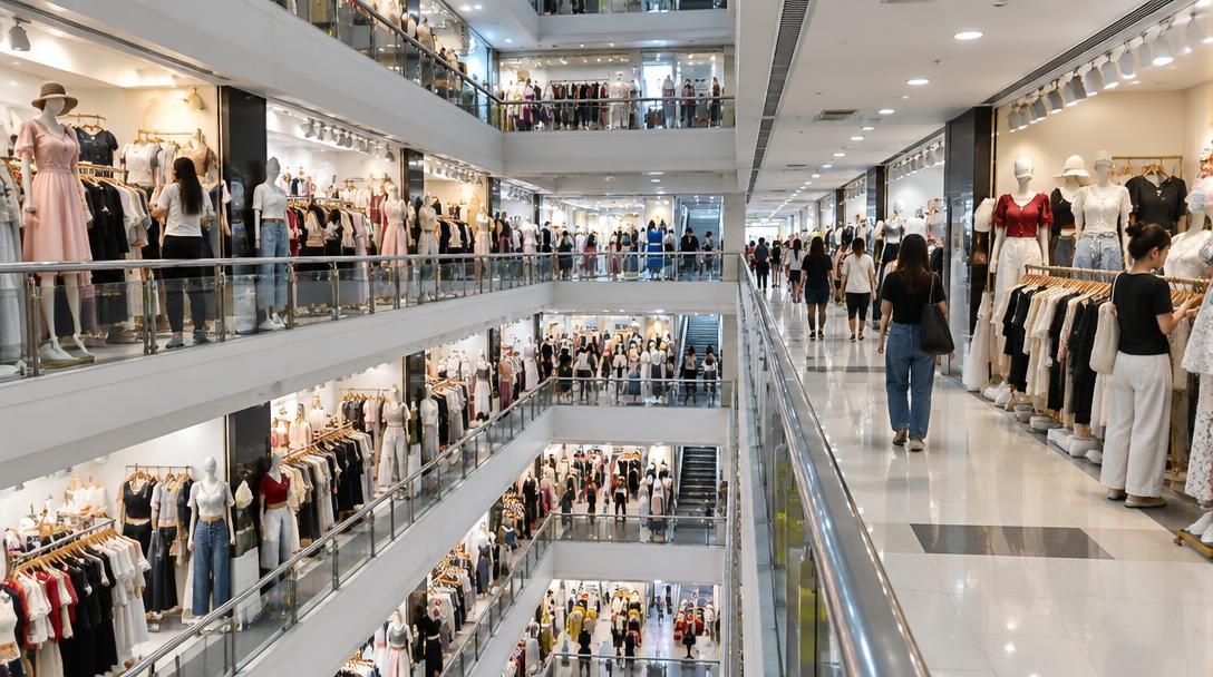 Multiple floors of fashion boutiques inside a Bangkok wholesale mall