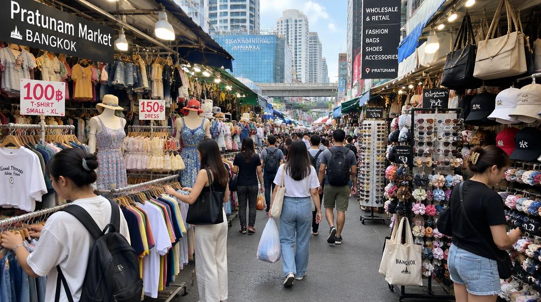 Clothing racks and shoppers along a busy lane at Pratunam Market