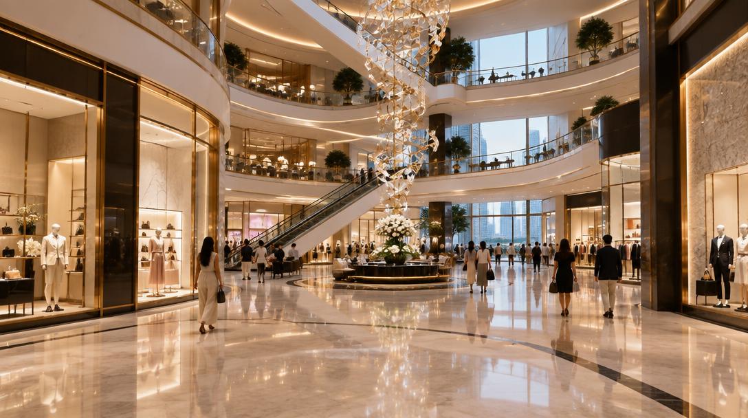 Elegant marble atrium lined with luxury boutiques