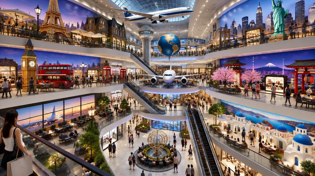 Terminal 21 style mall interior with floors themed after world cities