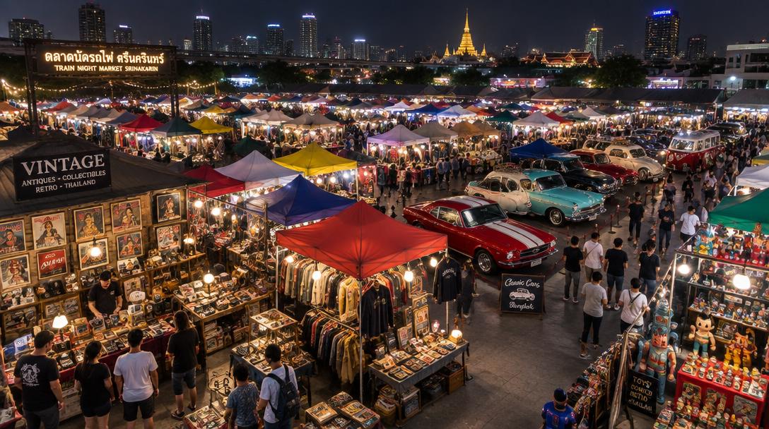 Vintage stalls and classic cars at Train Night Market Srinakarin