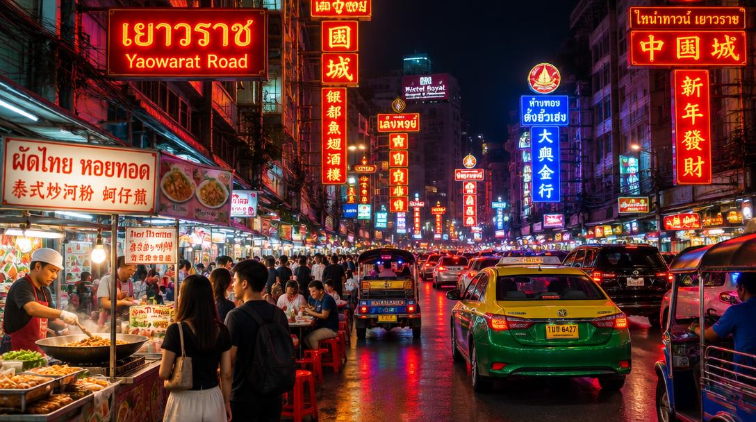 Neon signs and street food vendors on Yaowarat Road at night