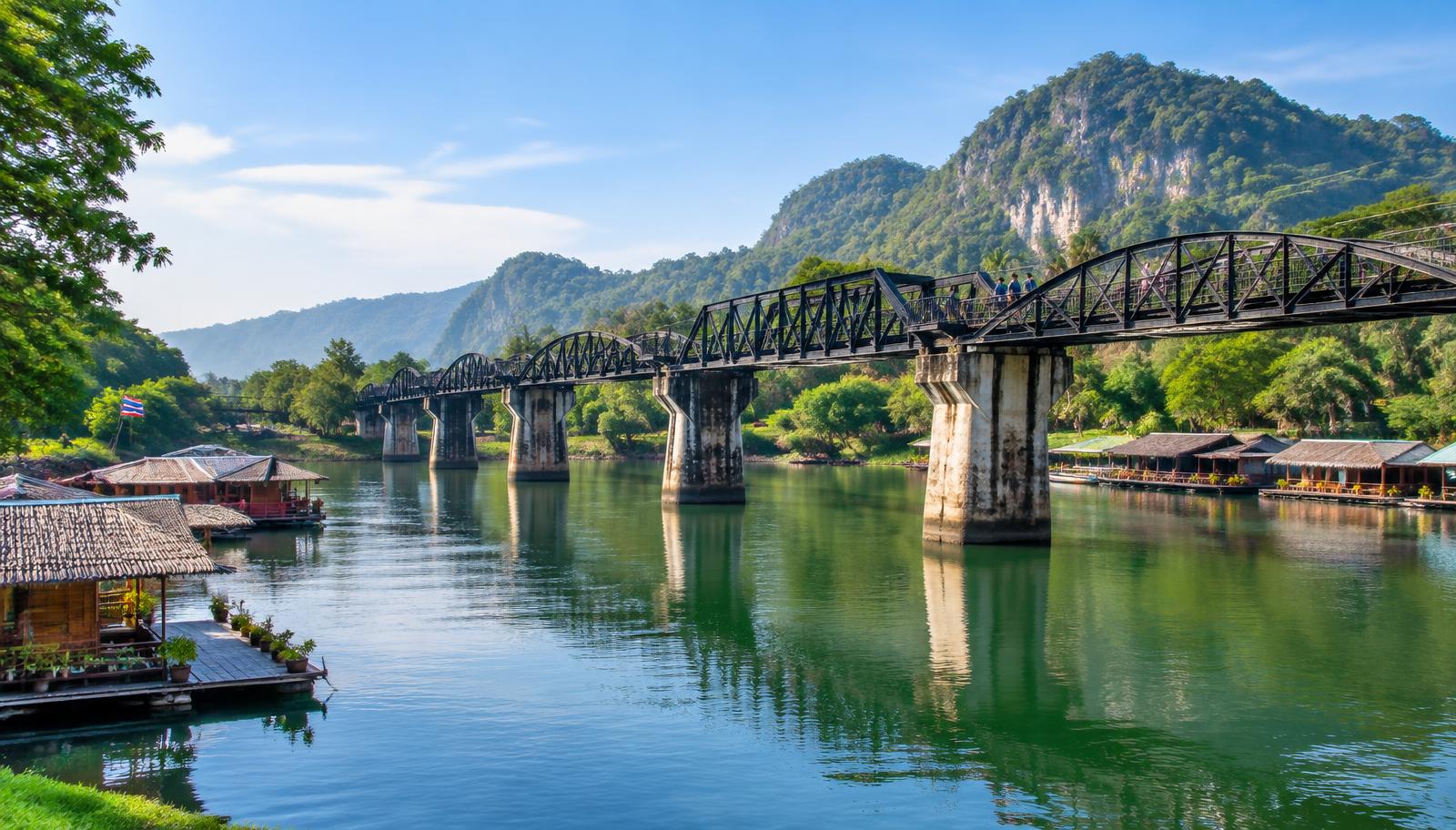 The historic bridge over the River Kwai in Kanchanaburi, Thailand, with raft houses and forested hills in morning light