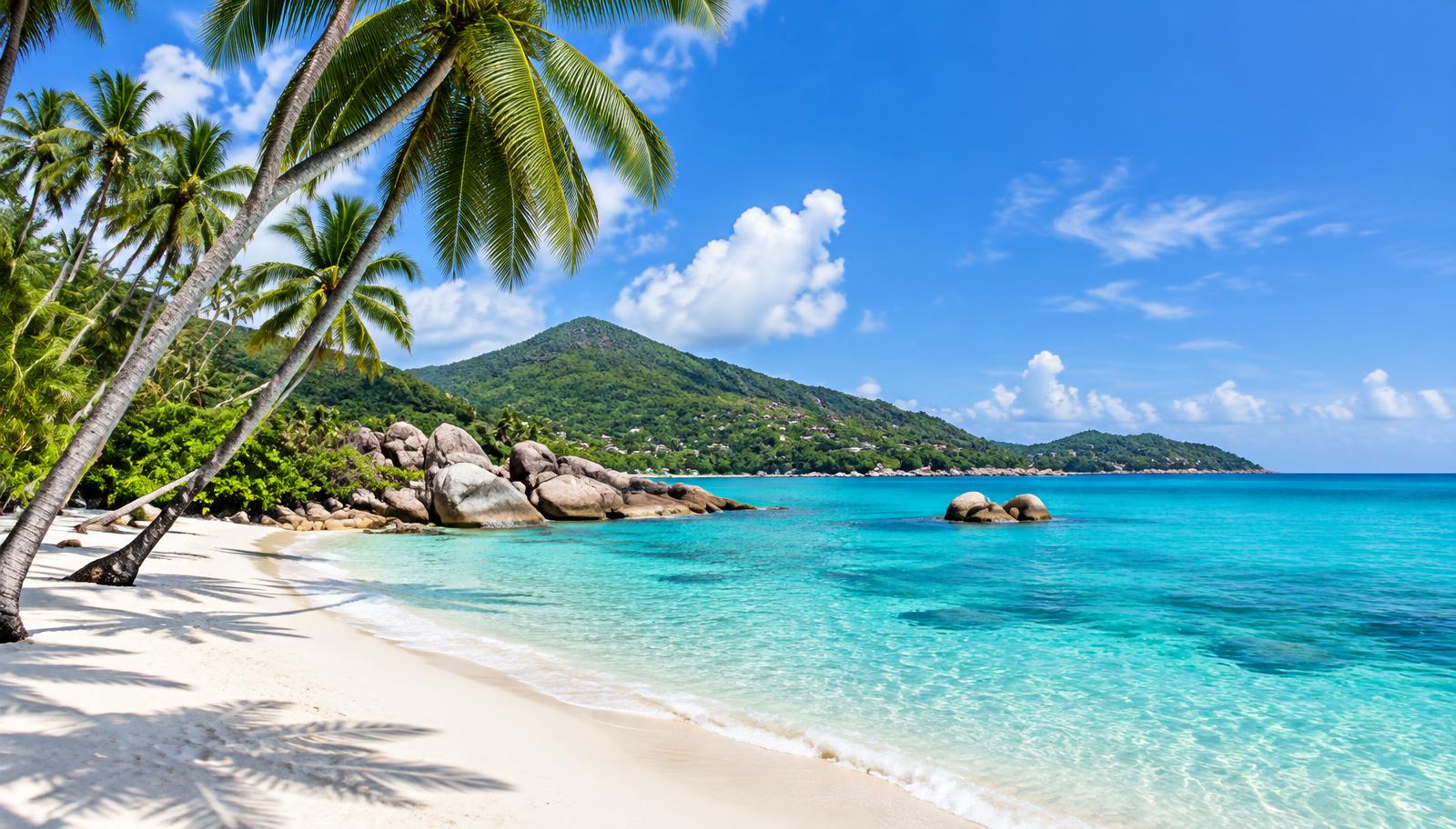 Coconut palms leaning over a white-sand beach and turquoise water on Koh Samui, Thailand