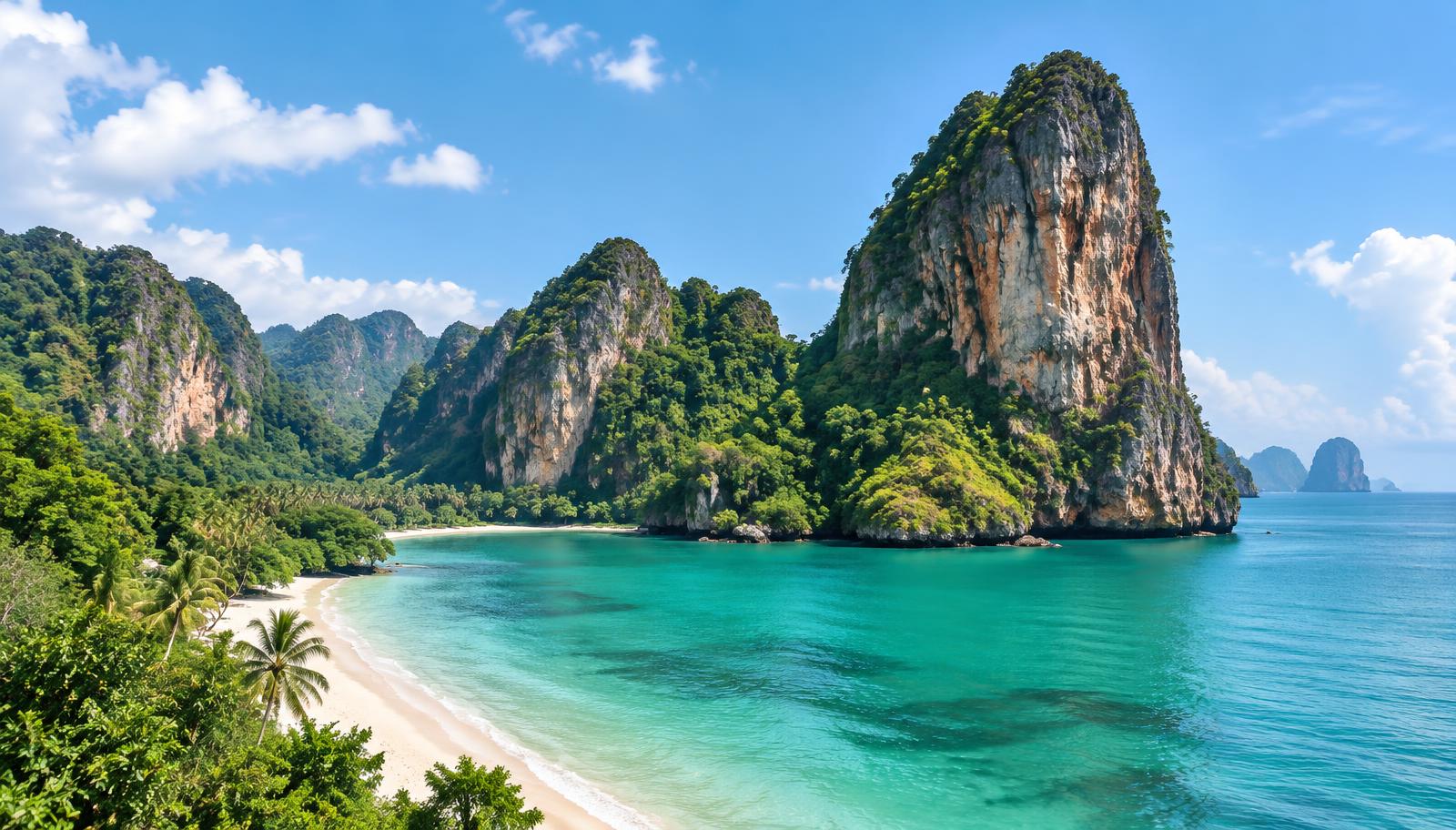 Towering limestone karst cliffs rising above turquoise Andaman Sea water along a tropical Krabi coastline