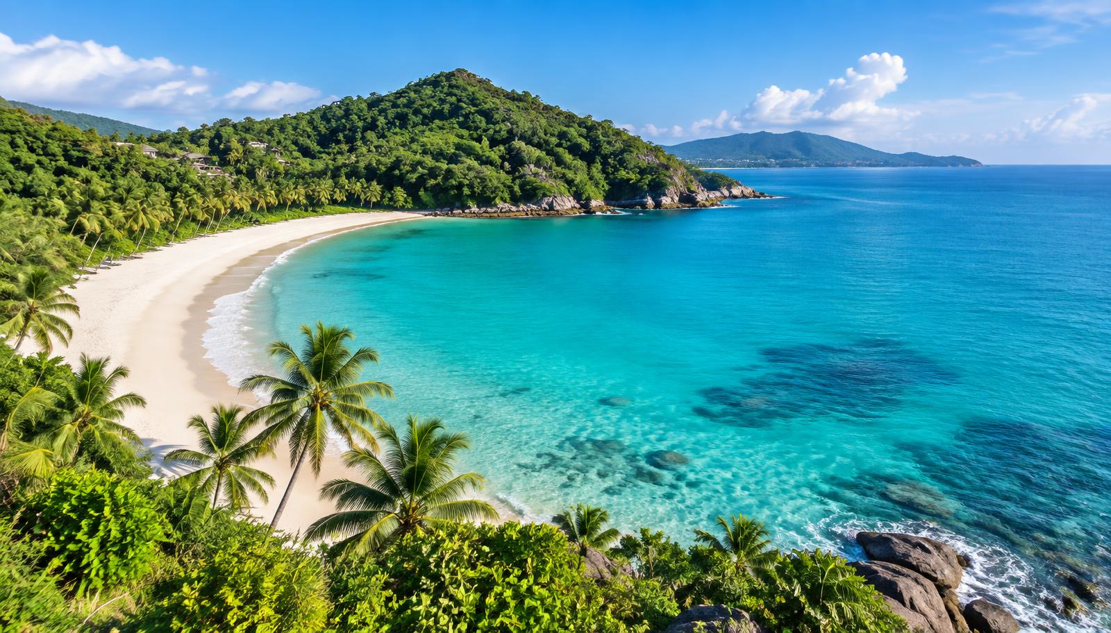 Longtail boats moored in turquoise water off a white-sand beach with green limestone hills in the Phuket area