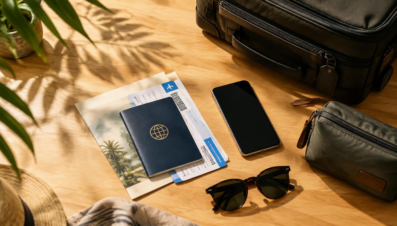 Travel essentials prepared for an international trip, including a passport, travel documents, smartphone and carry-on bag.