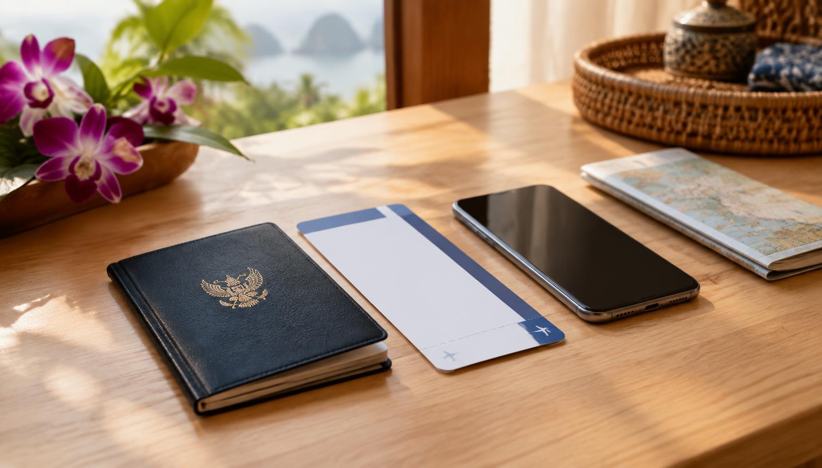 Passport and travel documents prepared for a trip to Thailand